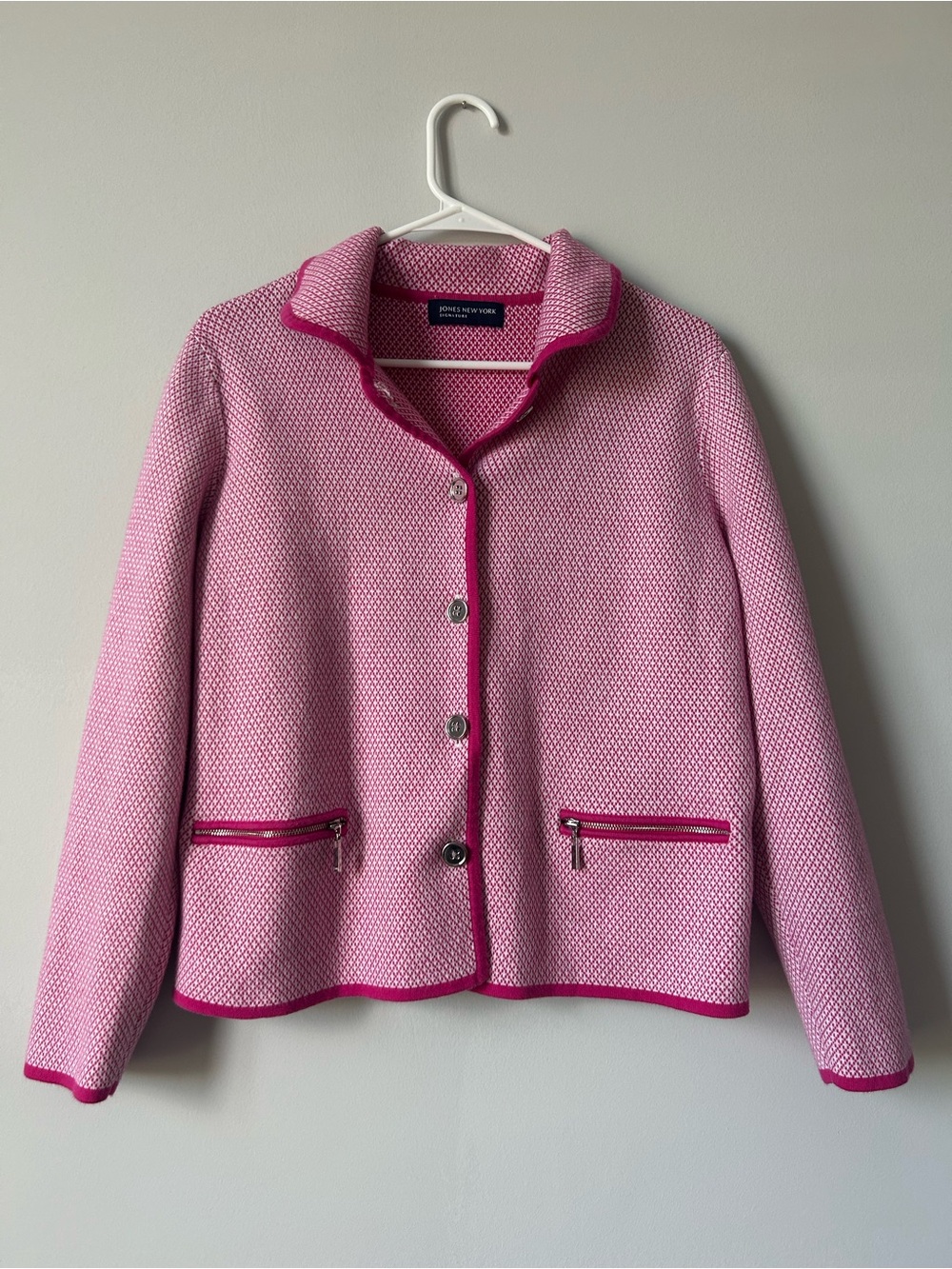 Jones New York Pink Textured Knit Jacket with Fuchsia Trim